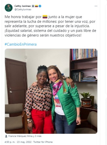 Cathy Juvinao junto a Francia Márquez. 

Pantallazo Twitter.