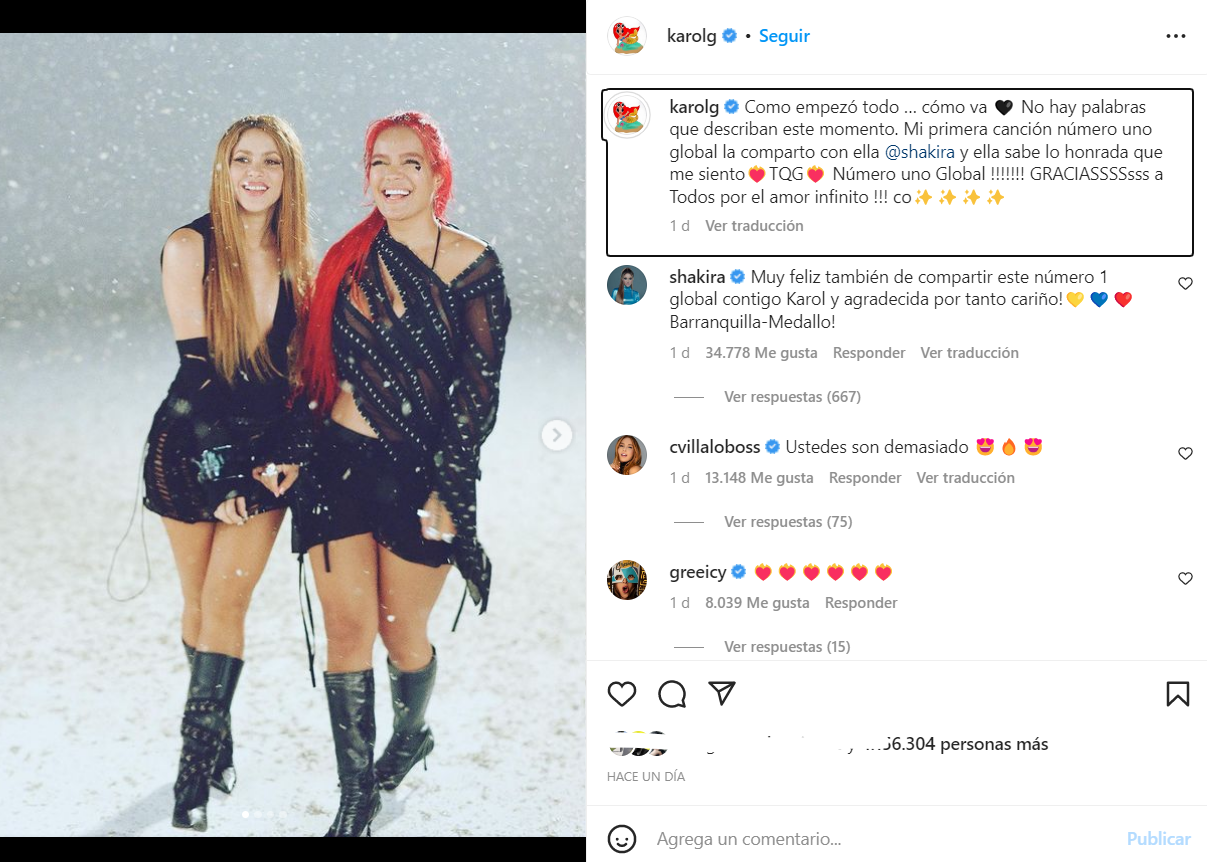 Karol G agradeció a sus seguidores el posicionar su canción TQG con Shakira, en el primer lugar del listado global. La barranquillera le respondió. @karolg/Instagram