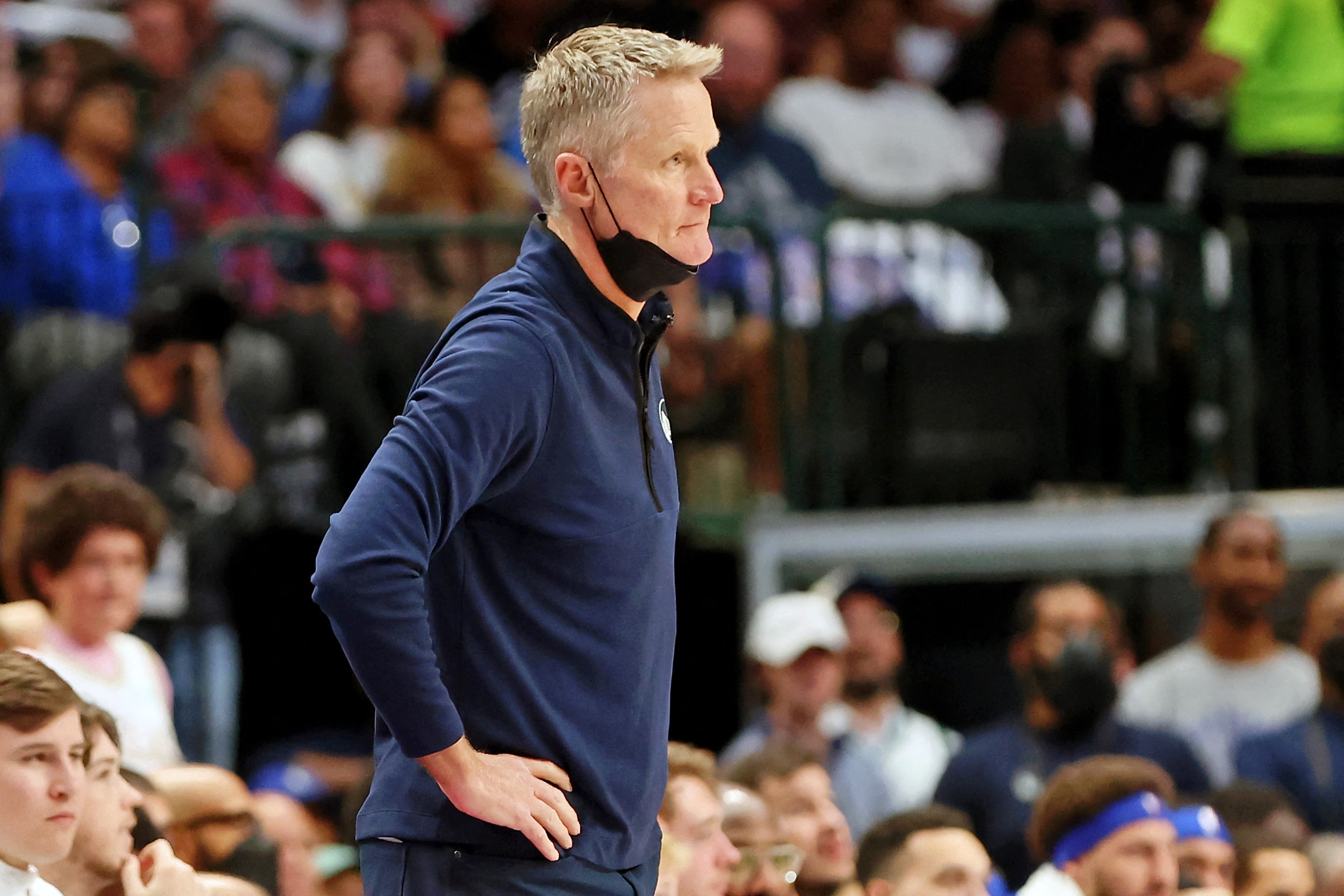 May 24, 2022; Dallas, Texas, USA; Golden State Warriors head coach Steve Kerr watches his team play against the Dallas Mavericks during the first quarter in game four of the 2022 Western Conference finals at American Airlines Center. Mandatory Credit: Kevin Jairaj-USA TODAY Sports