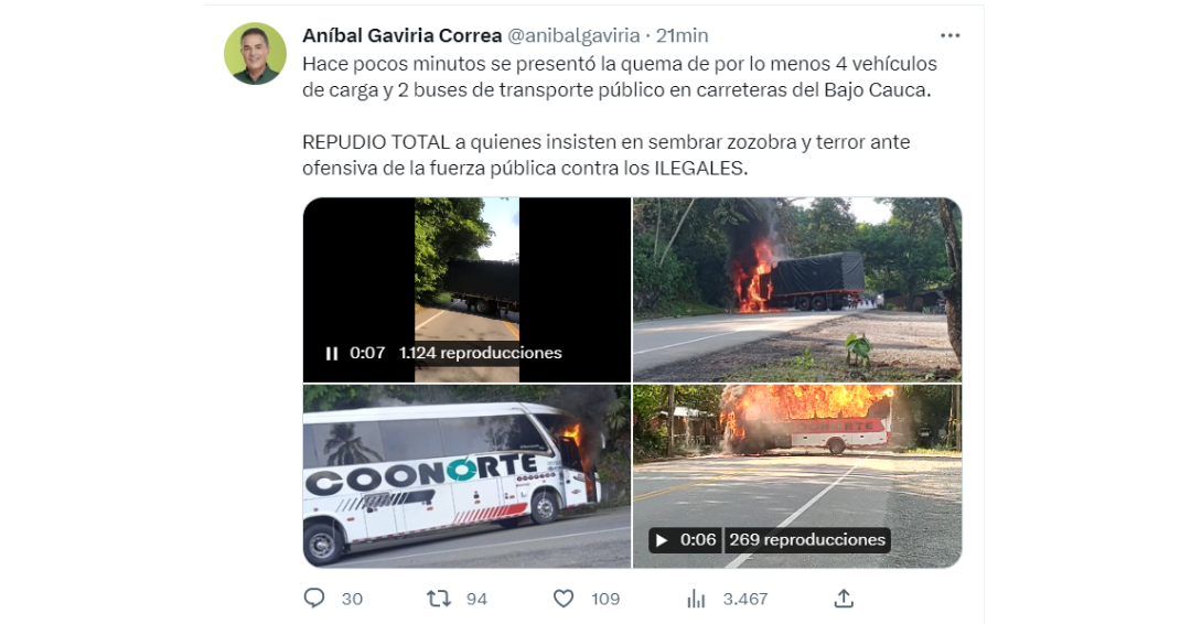 El gobernador de Antioquia, Aníbal Gaviria, reprochó en Twitter lo sucedido en el Bajo Cauca y Nordeste de Antioquia. 
