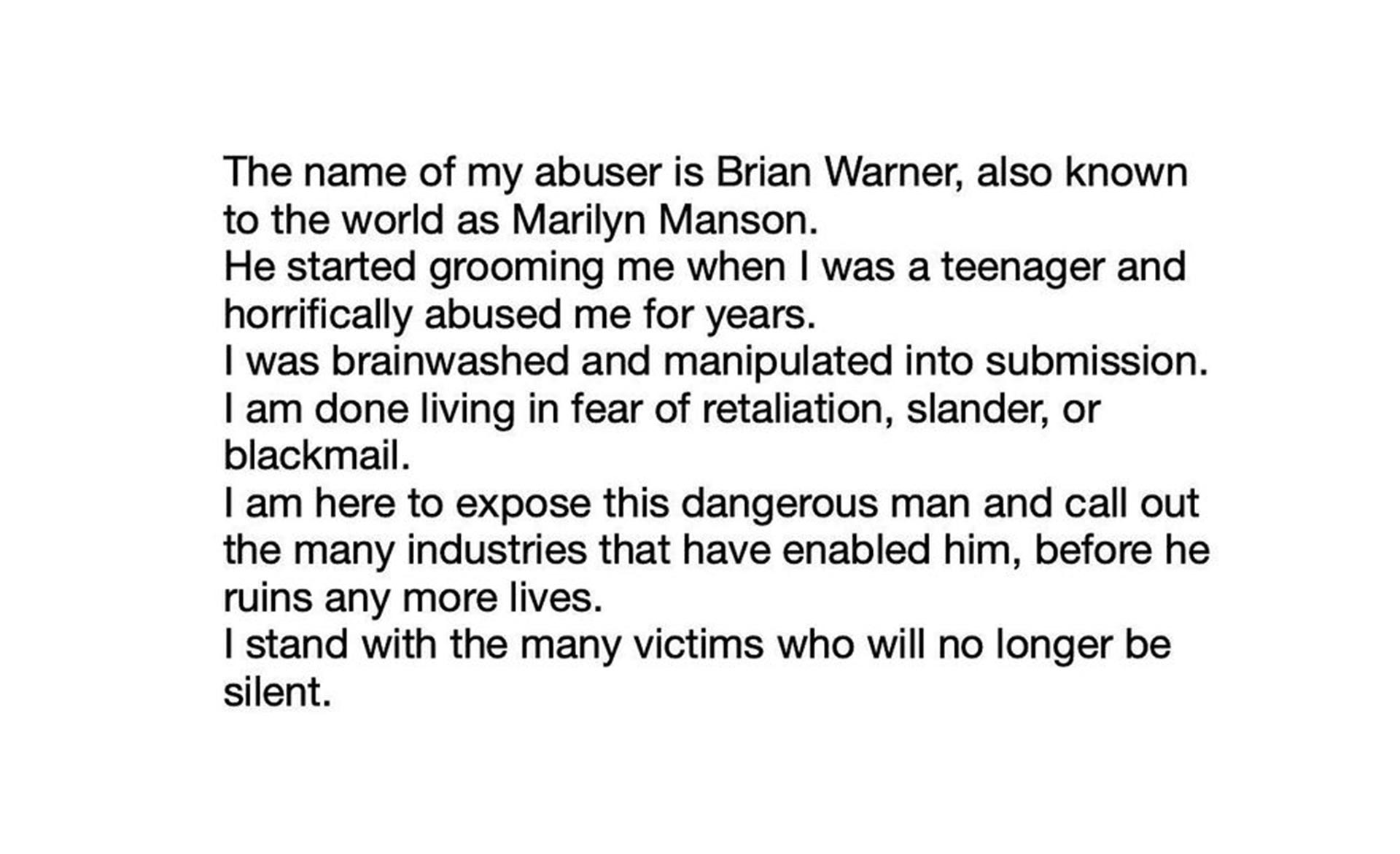 El mensaje que escribió en Instagram Evan Rachel Wood en 2021, cuando acusó por primera vez a Manson de haber abusado de ella (Foto: Instagram @evanrachelwood)