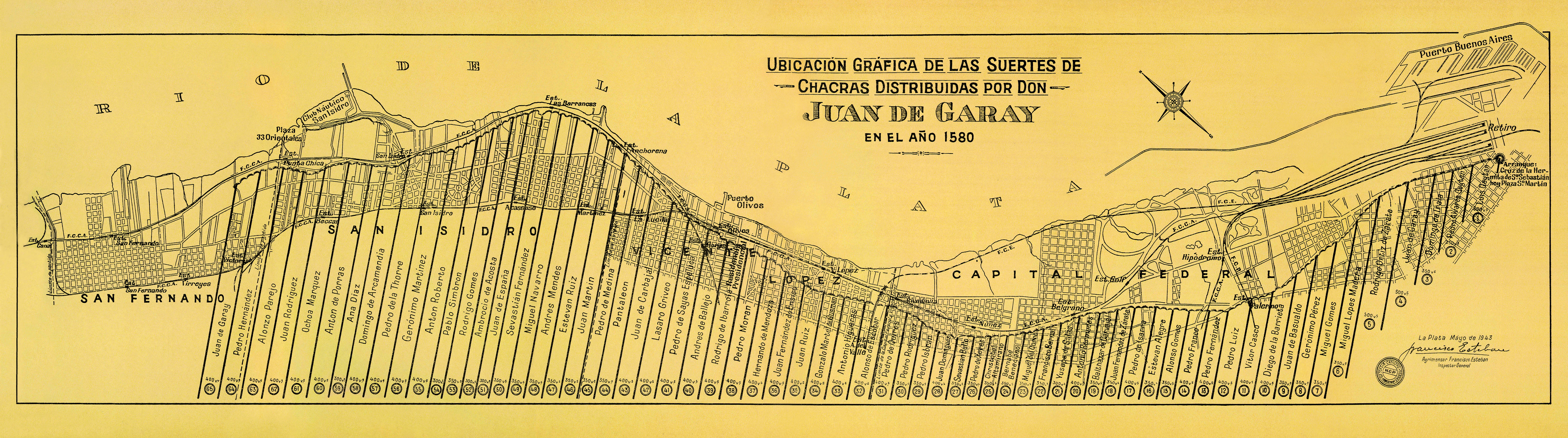Plano del reparto de chacras en el Pago de la Costa efectuado por Juan de Garay en 1580. La "suerte" número 59 corresponde a Ana Díaz