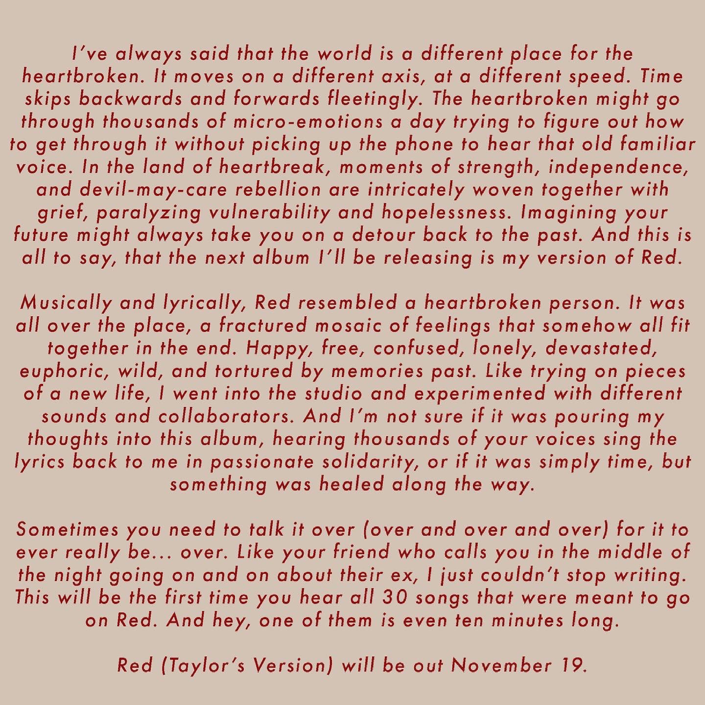 "'Red' recuerda a una persona con el corazón roto" (Foto: tomada de Twitter @taylorswift13).