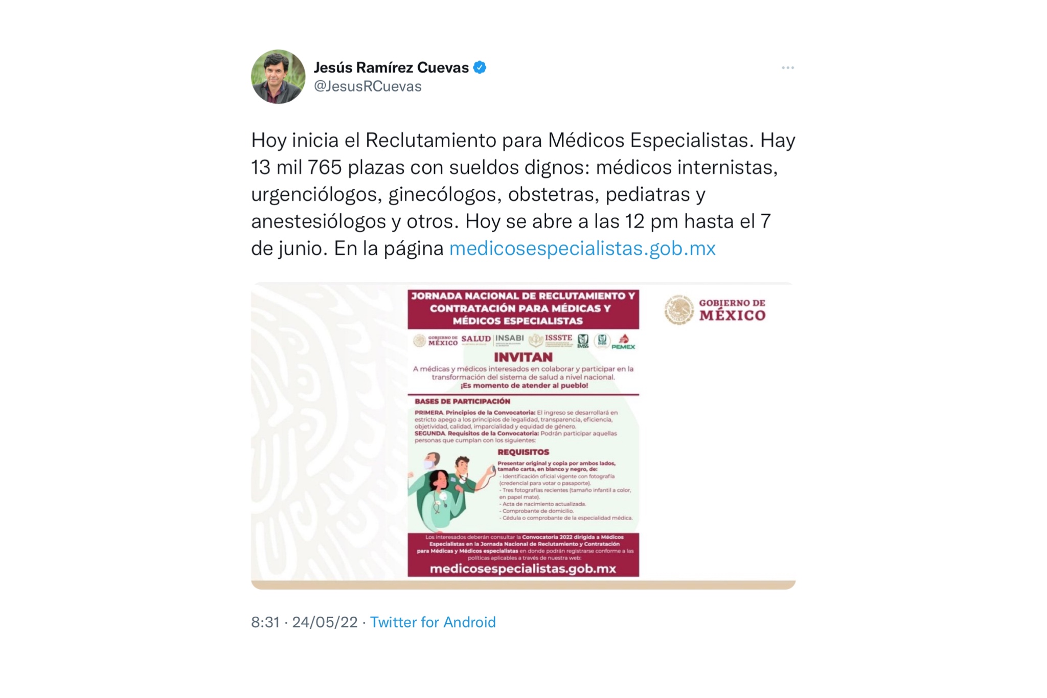 Convocatoria para Médicos Especialistas publicada por el vocero de la presidencia (Foto: Twitter / @JesusRCuevas)