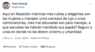 Pedro Sola criticó a las mujeres de Mazatlán que manejan (Foto: Twitter @pedrosola)
