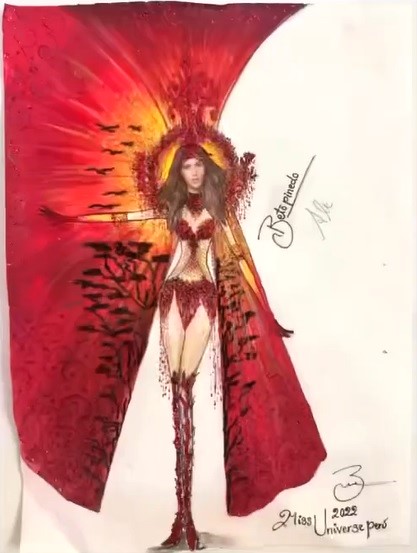 Boceto original de Beto Pinedo, diseñador del traje típico de la Miss Perú 2022.