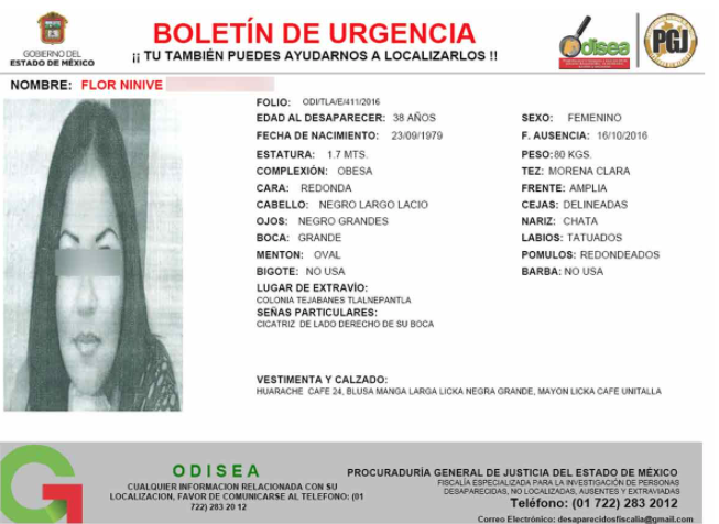 Flor Ninive Vizcaíno, desapareció en octubre de 2016 en la colonia Tejabanes, en Tlanepantla