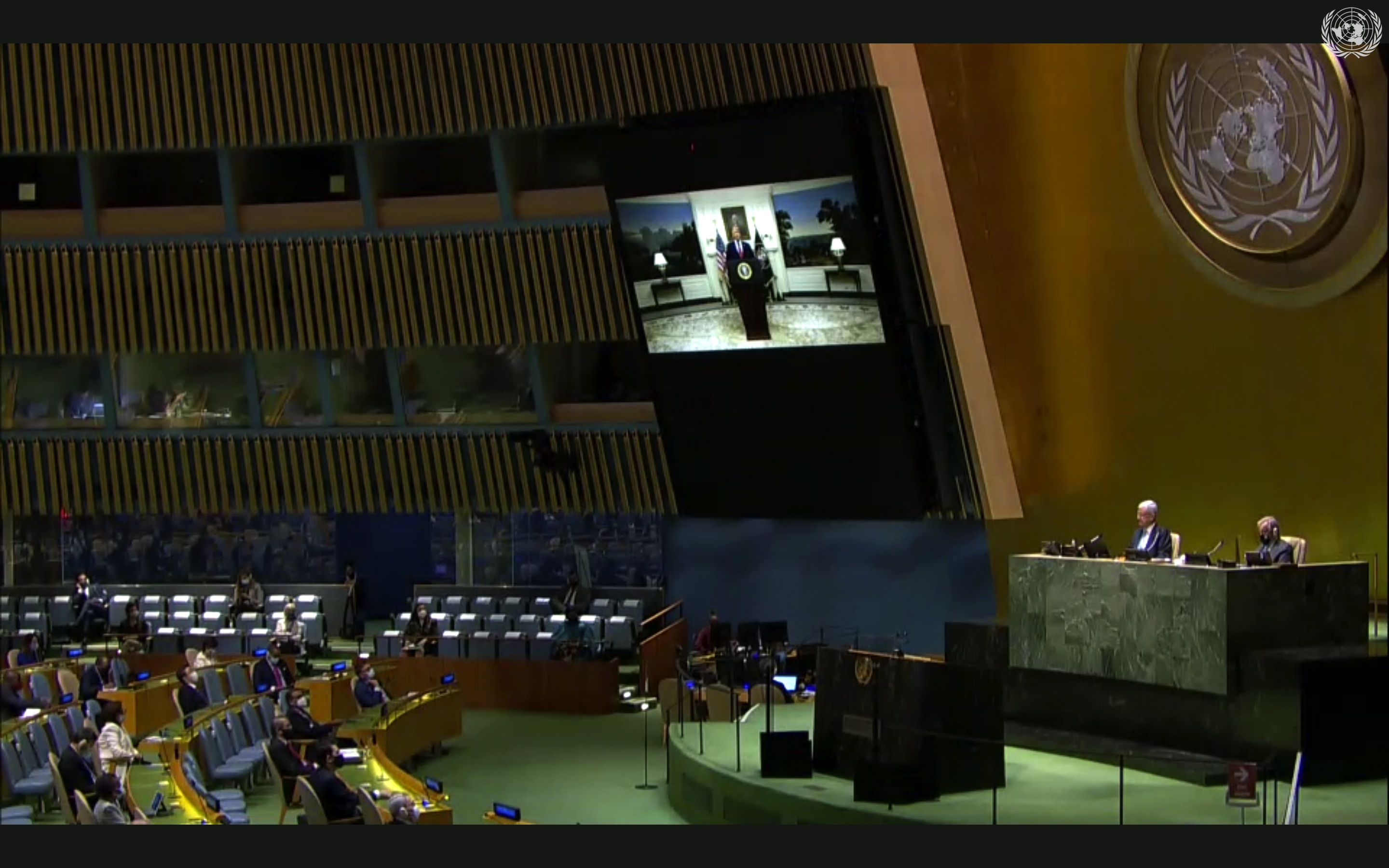In this image made from UNTV video, United States President Donald Trump speaks in a pre-recorded message which was played during the 75th session of the United Nations General Assembly, Tuesday, Sept. 22, 2020, at U.N. headquarters in New York. The U.N.'s first virtual meeting of world leaders started Tuesday with pre-recorded speeches from some of the planet's biggest powers, kept at home by the coronavirus pandemic that will likely be a dominant theme at their video gathering this year. (UNTV via AP)