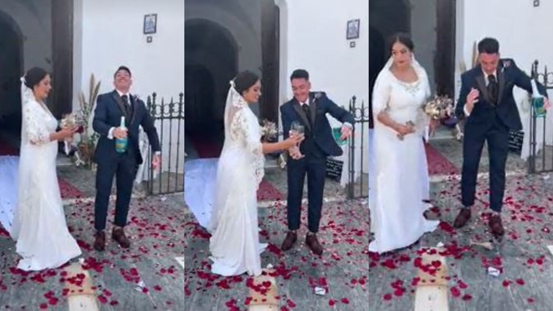 Video: el primer brindis de una pareja de recién casados terminó mal