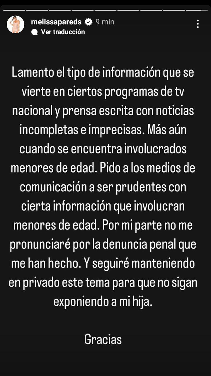 Pronunciamiento de Melissa Paredes. (Foto: Instagram)