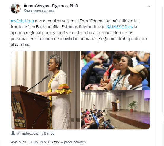 La ministra Vergara, que está en Barranquilla en un foro organizado por la Unesco, no se ha pronunciado sobre el rumor de su salida del Gobierno nacional. Twitter.