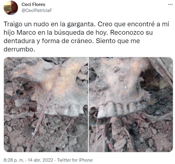 Ceci Flores atendió el llamado anónimo donde avisaron de una posible fosa donde encontró la osamenta del que parecía ser su hijo (Foto: Twitter)