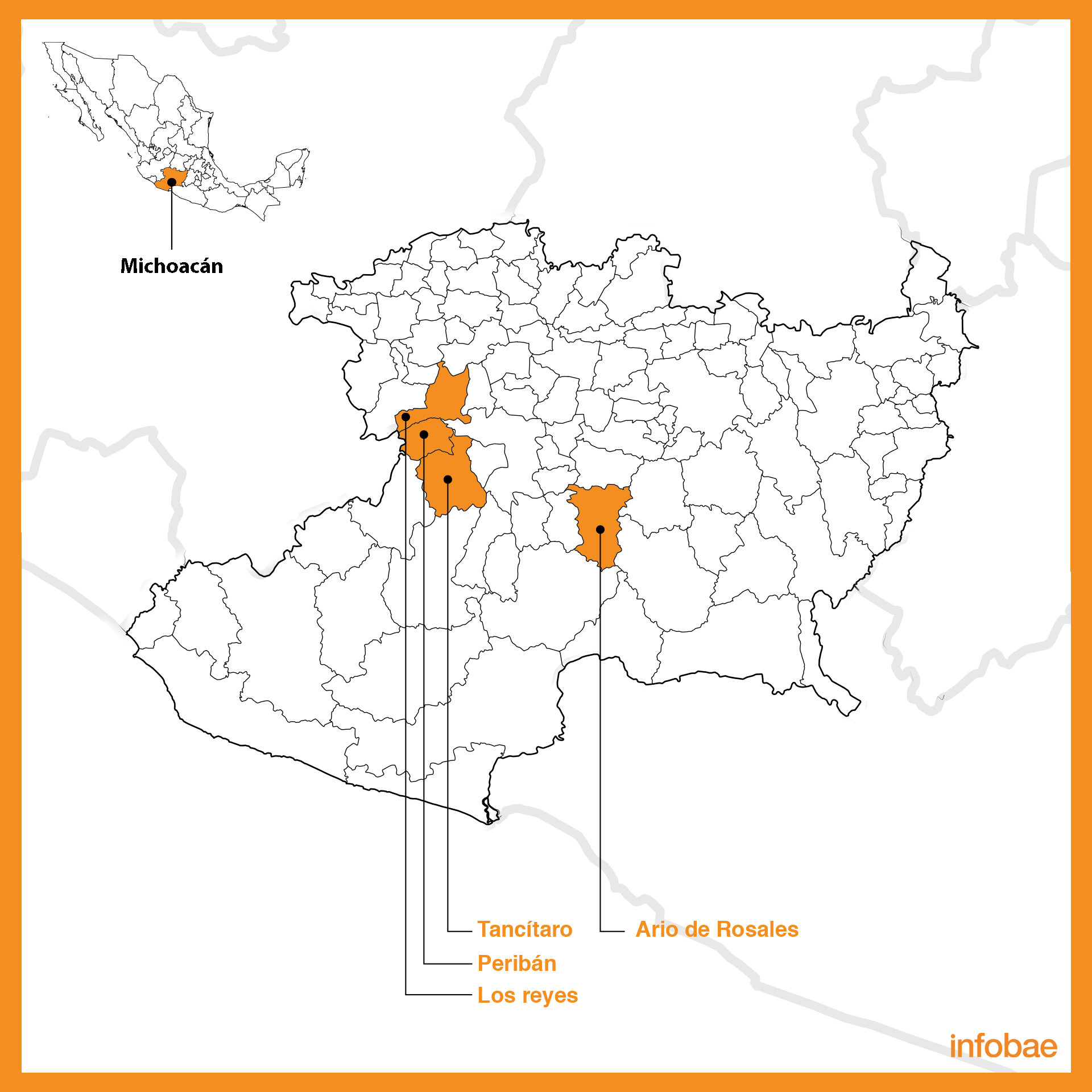 Los municipios de Peribán, Los Reyes, Tancítaro y Ario de Rosales, principales productores de la fruta en Michoacán, tomaron medidas para evitar futuros incidentes con el crimen organizado (Mapa: Infobae México)