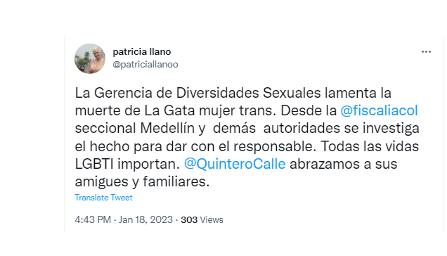 La gerenta aseguró que durante el 2022 en Medellín se logró más del 65 % del esclarecimiento de los homicidios de personas LGBTI ocurridos en Medellín. @PatriciaLlano/Twitter