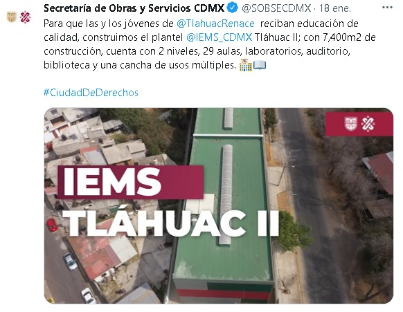 La Jefa de Gobierno de la CDMX, informó que próximamente se publicará la convocatoria para ingresar al IEMS Tláhuac II (Foto: Twitter/ @SOBSECDMX)