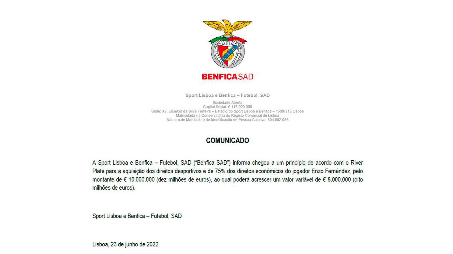 Benfica's statement on the principle of agreement with River Plate by Enzo Fernández