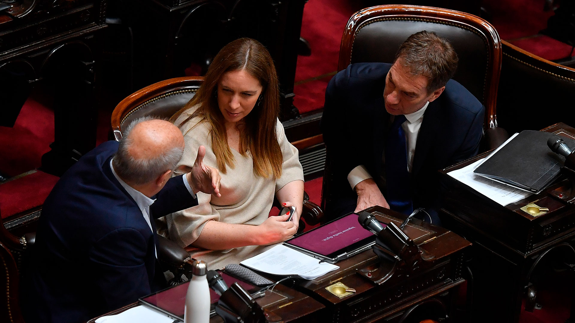 Hernán Lombardi, María Eugenia Vidal y Diego Santilli (Télam)