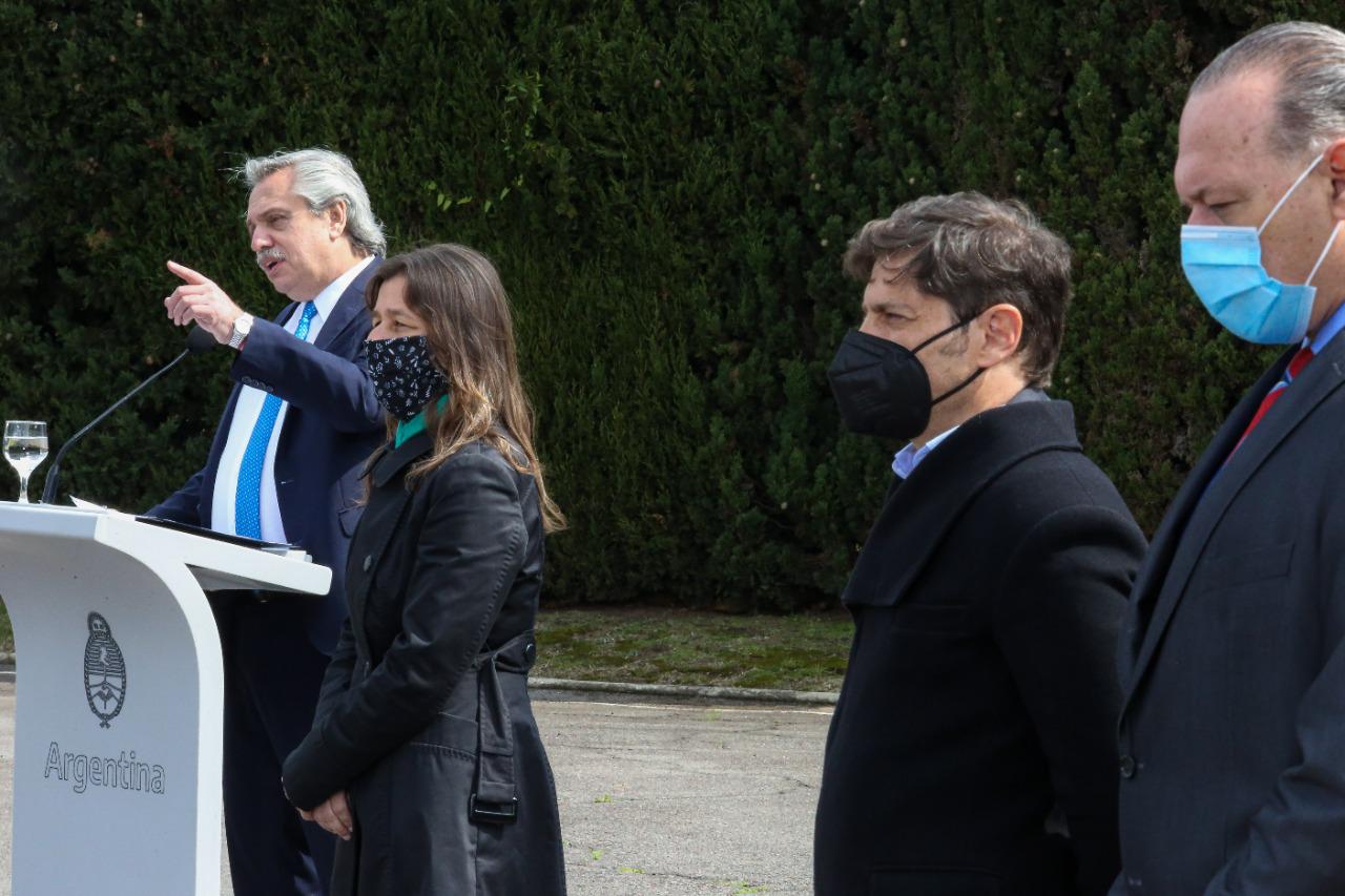 Alberto Fernández junto a la ministra Sabina Frederic, el gobernador Axel Kicillof, y el ministro de Seguridad bonaerense Sergio Berni