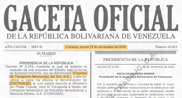 El decreto que dispone la creación de EMTRASUR, firmado por Nicolás Maduro, en noviembre de 2020