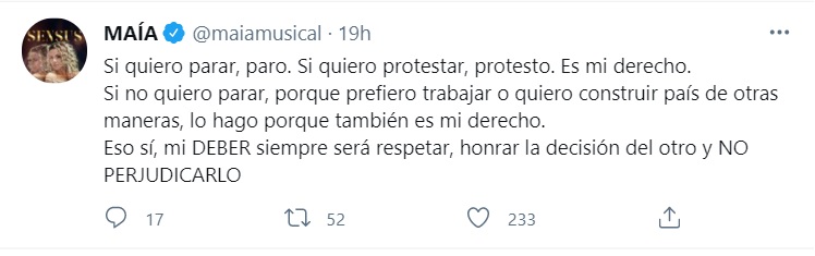 Post en Twitter de Maía. Foto: Instagram @@maiamusical