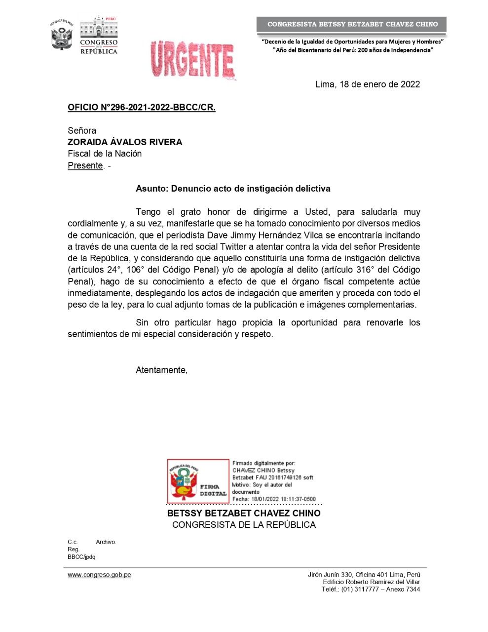 Betssy Chávez envía oficio a Zoraida Ávalos.