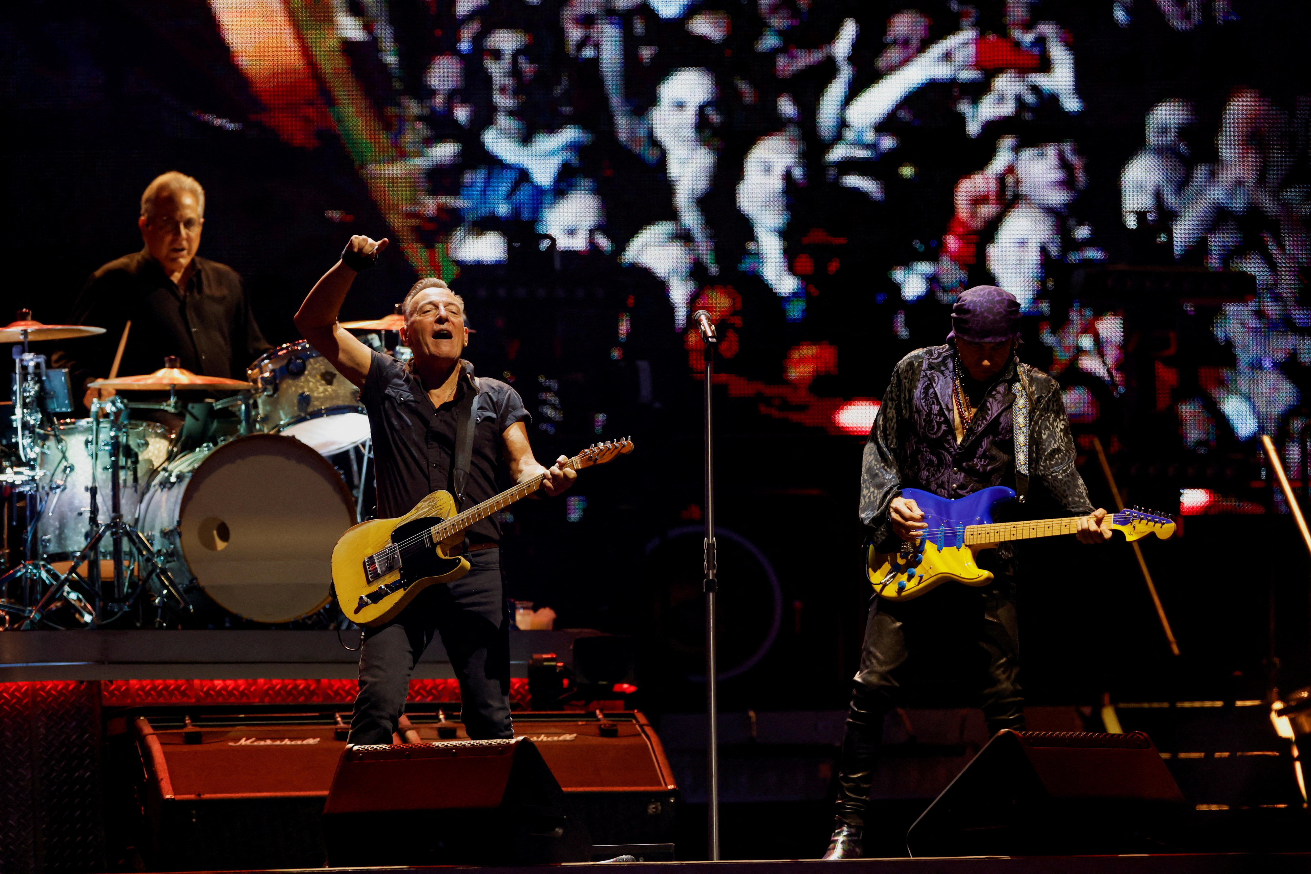 American rock star Bruce Springsteen and The E Street band perform during a concert of their European tour at the Estadi Olímpic Lluis Companys in Barcelona.  REUTERS/Albert Gea/File Photo