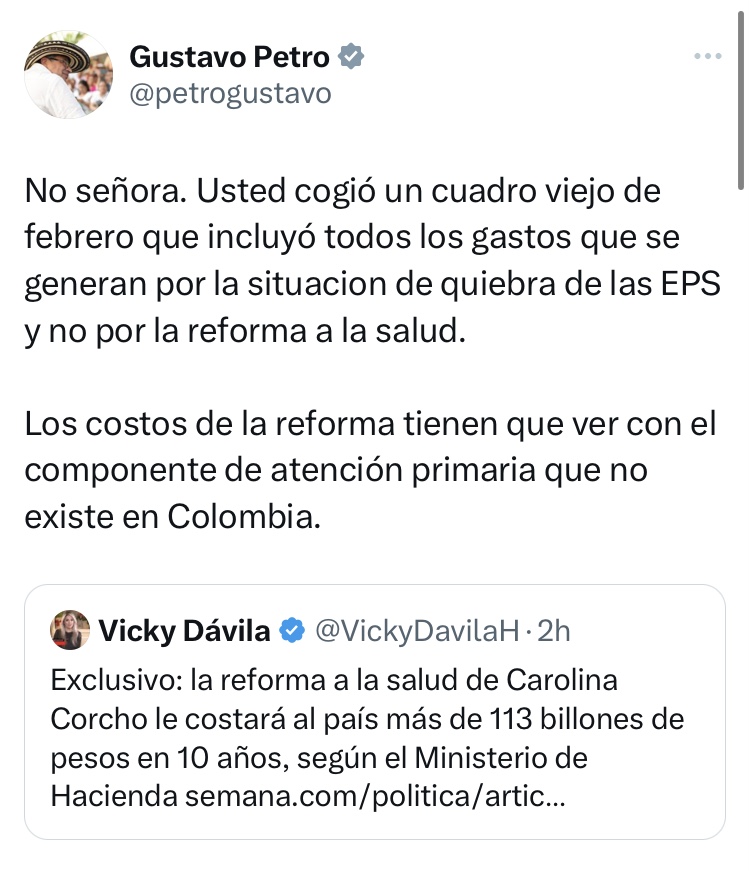 Tuit del presidente Gustavo Petro sobre el costo de la reforma a la salud.