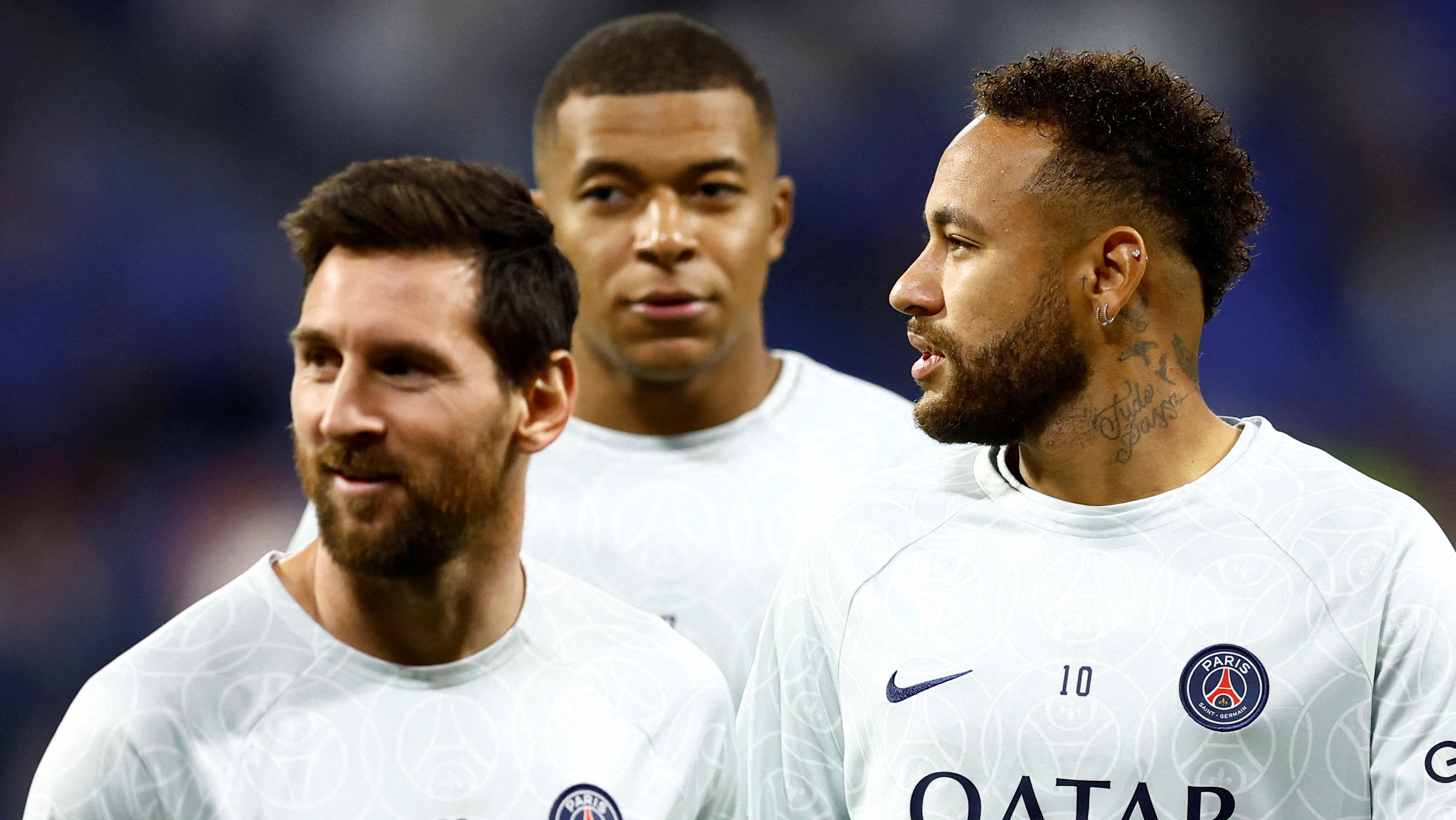 FILE PHOTO: Soccer Football - Ligue 1 - Olympique Lyonnais v Paris St Germain - Groupama Stadium, Lyon, France - September 18, 2022  Paris St Germain's Neymar, Lionel Messi and Kylian Mbappe before the match REUTERS/Stephane Mahe/File Photo
