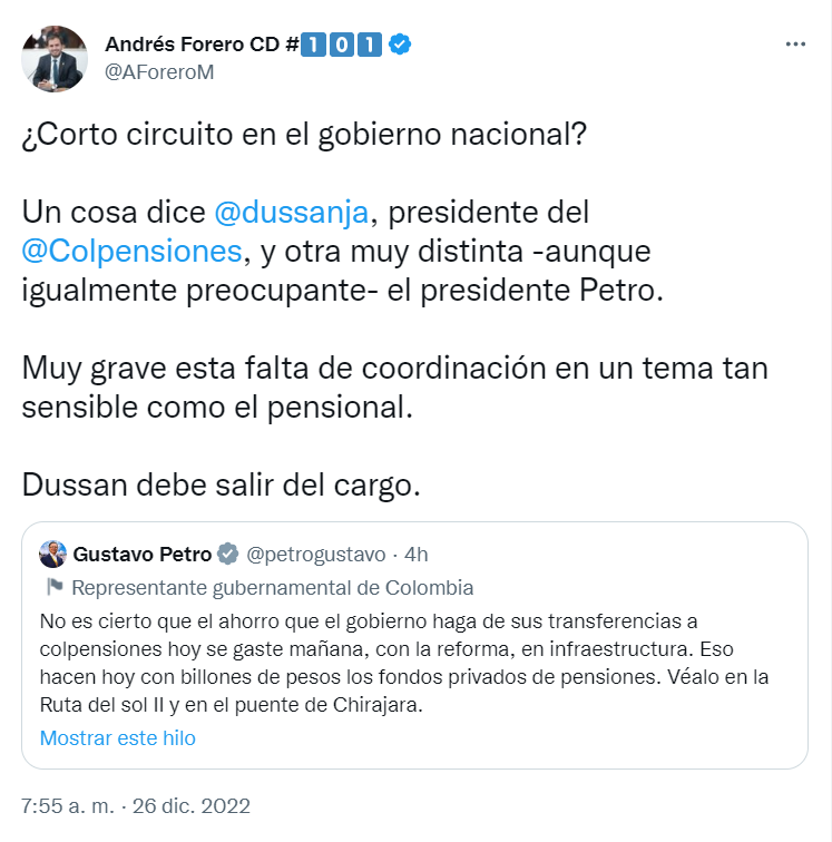 El representante por el Centro Democrático pidió la renuncia del presidente de Colpensiones.