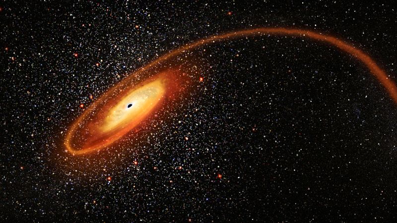 Impresión artística de un homicidio cósmico, con una estrella errante que es consumida por la intensa atracción gravitacional de un agujero negro que contiene decenas de miles de veces la masa solar obtenida por Reuters el 2 de abril, 2020. NASA-ESA/D. Player/Handout via REUTERS.