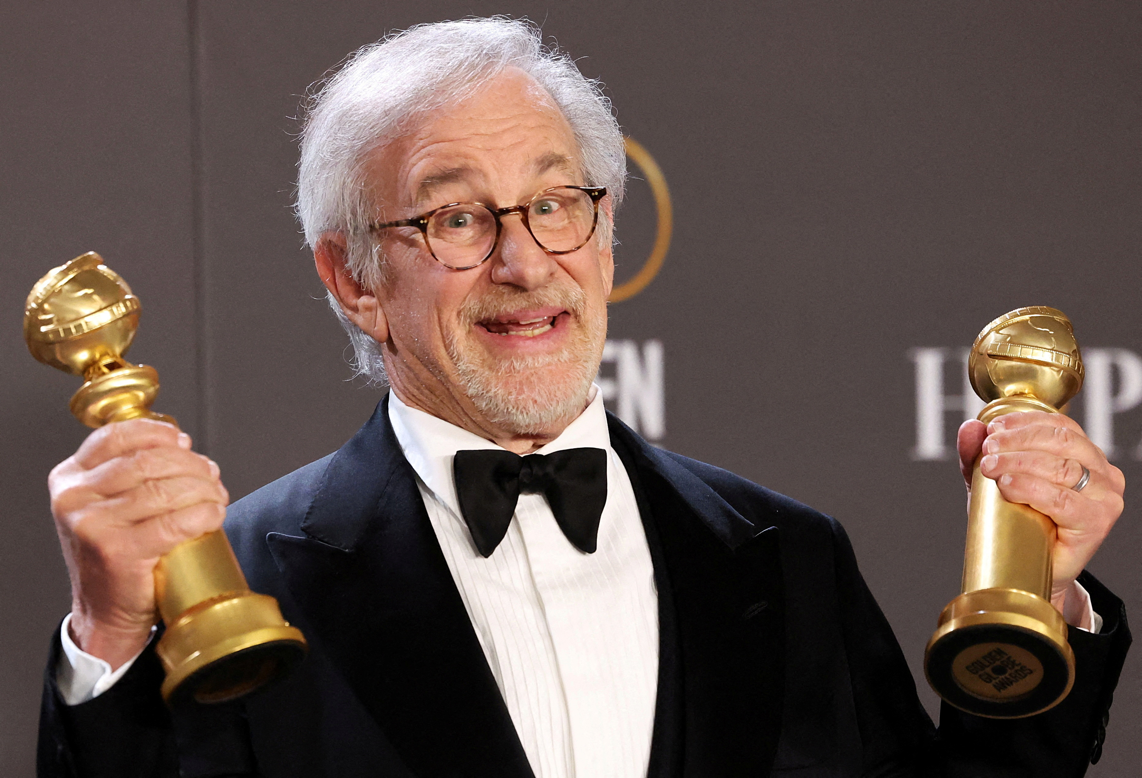 FILE PHOTO: Steven Spielberg poses with his awards for Best Director in a Motion Picture and Best Picture Drama for "The Fabelmans" at the 80th Annual Golden Globe Awards in Beverly Hills, California, U.S., January 10, 2023. REUTERS/Mario Anzuoni/File Photo