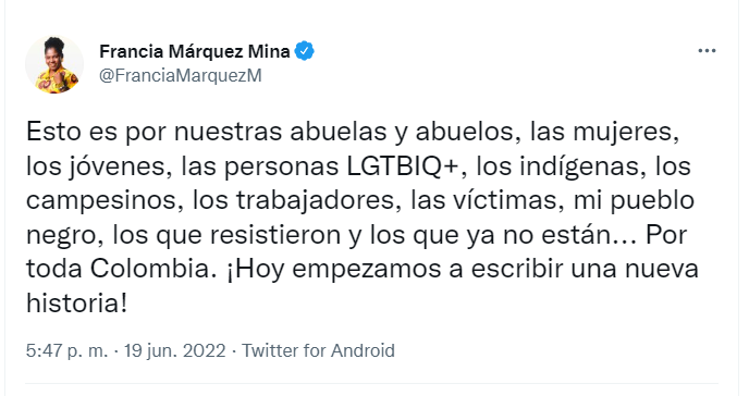 Francia Márquez envoie un message à la Colombie après sa victoire électorale.  capture d'écran