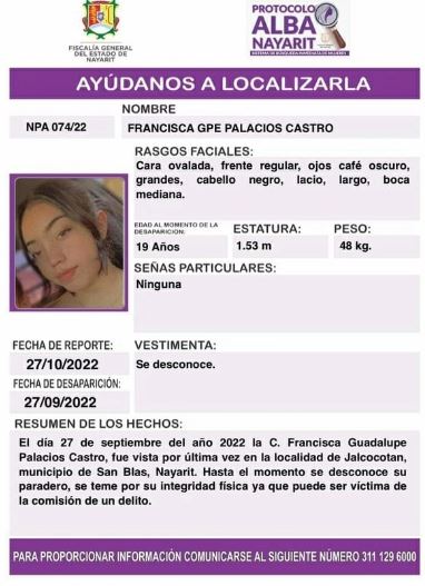 Francisca Guadalupe Palacios estuvo en mes desaparecida hasta que su familia acudió a las autoridades (Protocolo Alba) 
