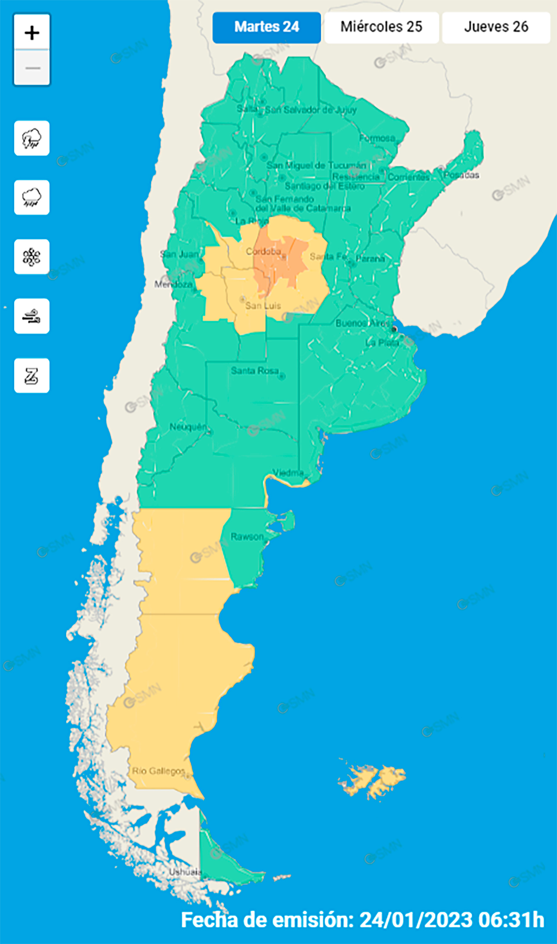 Alerta amarilla del Servicio Meteorológico Nacional (SMN) para la región patagónica por fuertes ráfagas de viento. 