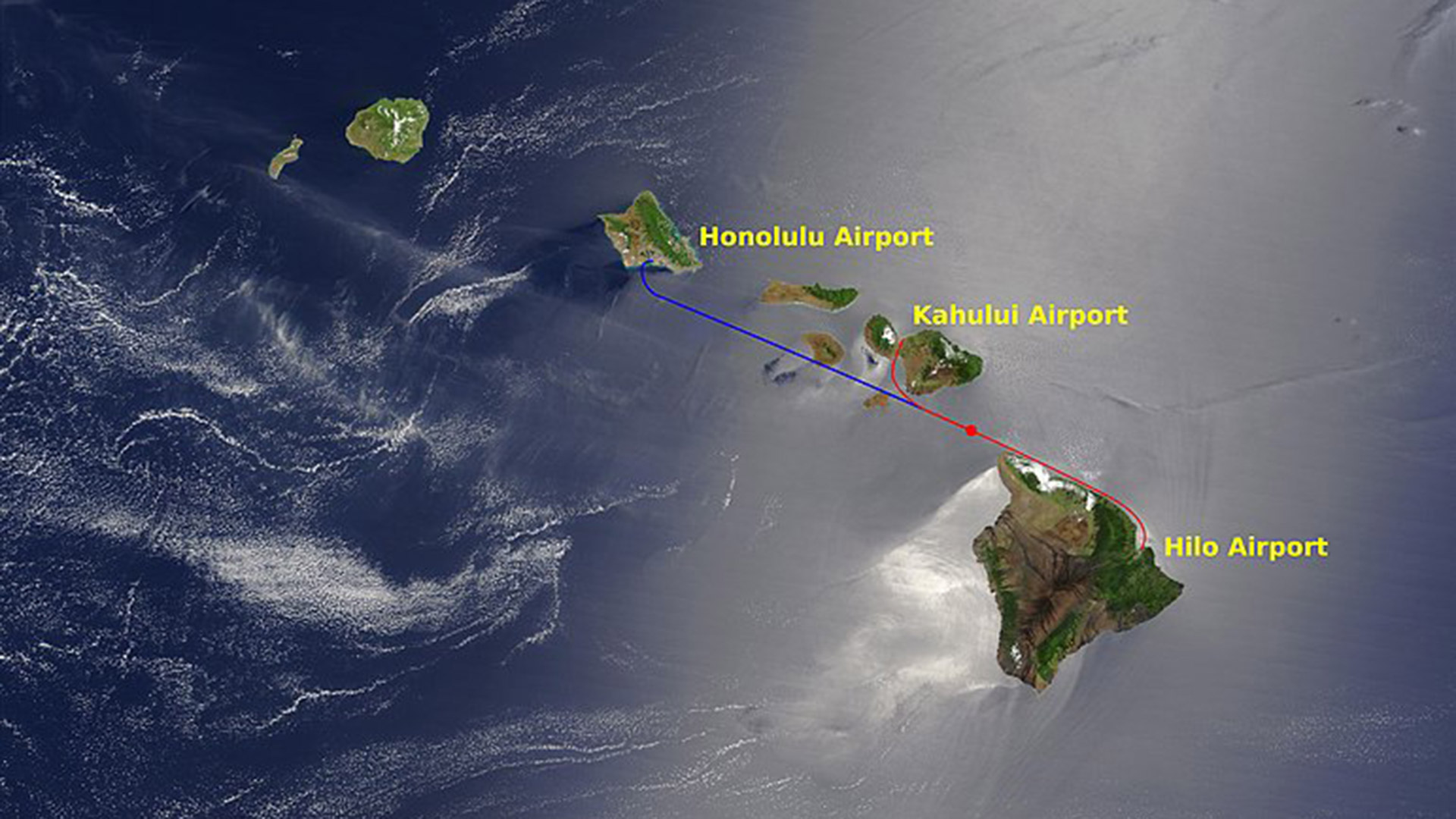 En rojo la ruta que debió realizar el vuelo 243, el círculo marca el punto de la explosión; mientras que en azul se grafica la ruta que debía completar hasta Honolulu