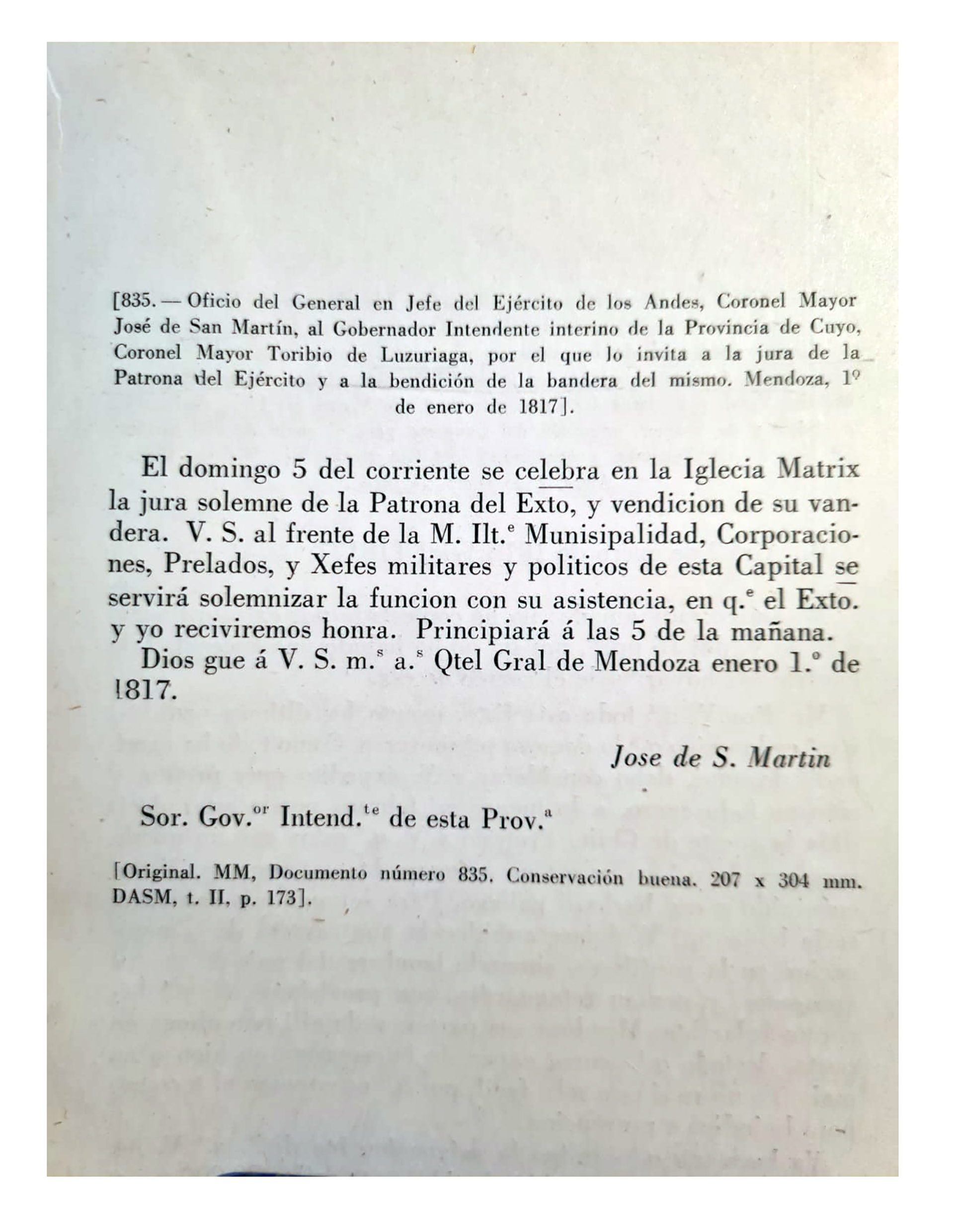 La carta de San Martín con el anuncio de la jura a la Virgen del Carmen, General del Ejército (transcripción en "Documentos para la Historia del Libertador General San Martín, t.V, Instituto Nac. Sanmartiniano y Museo Histórico Nacional)