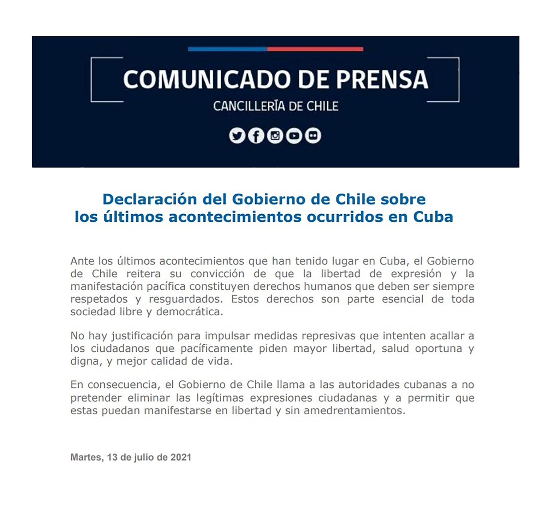 El comunicado de prensa emitido por la Cancillería de Chile 