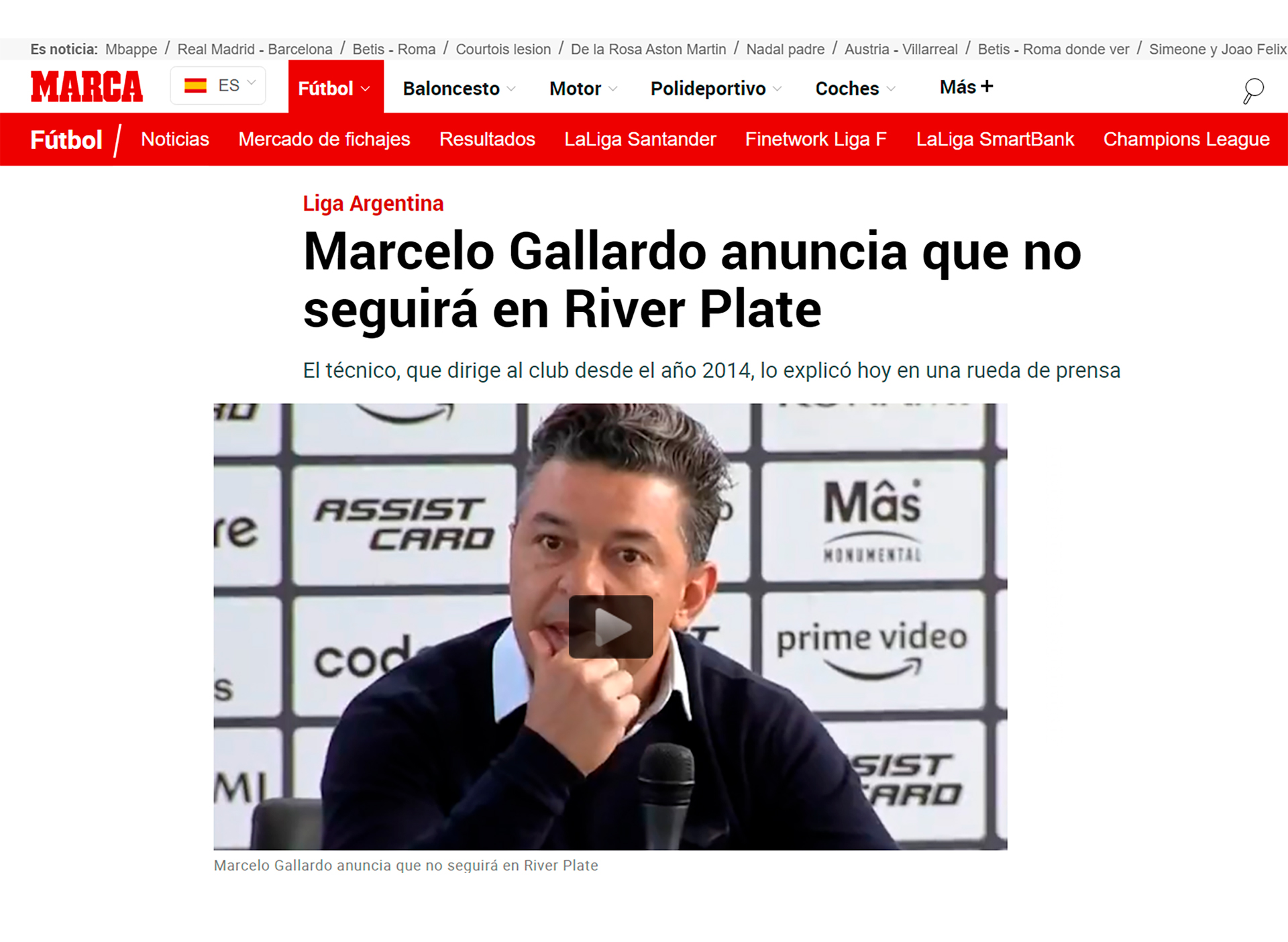 Diario Marca de España publicó en portada la salida de Marcelo Gallardo de River Plate