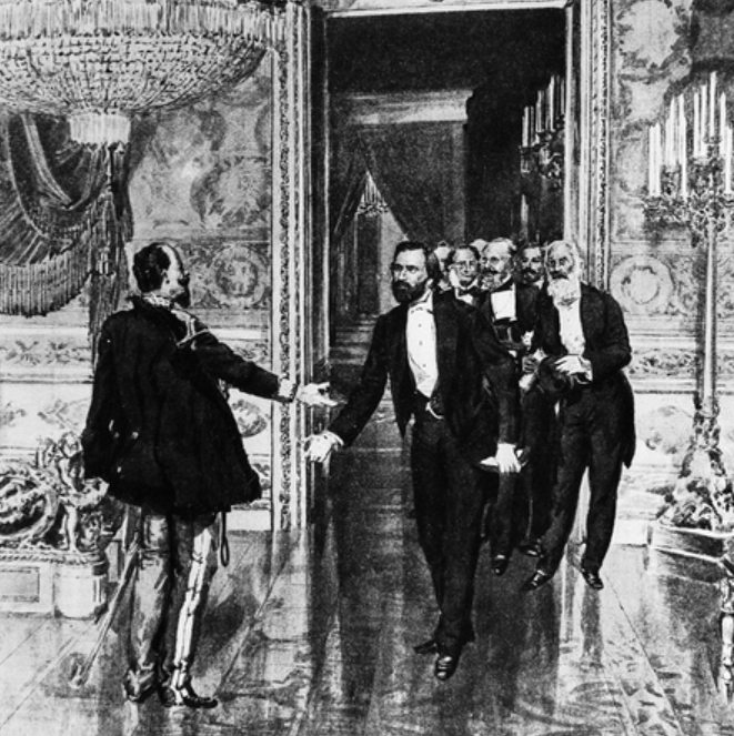 King Vittorio Emanuelle receives Verdi after being proclaimed.  The musician was named senator for life, but never traveled to Rome to receive the honor, disenchanted with politics
