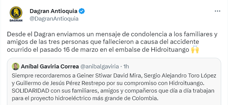 El Departamento Administrativo de Gestión del Riesgo de Antioquia envió sus condolencias al trabajador muerto en Hidroituango