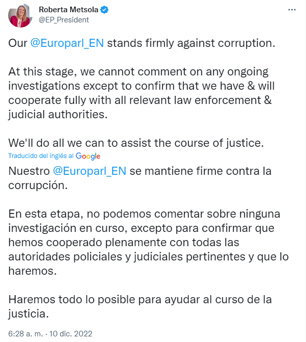 Tuit de Roberta Metsola tras el escándalo que involucra al Parlamento Europeo (Twitter: @EP_President)
