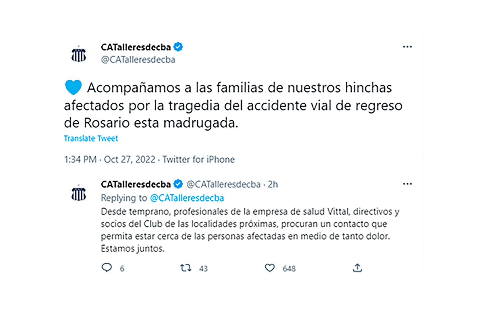 El club cordobés se hizo eco del accidente y envió sus condolencias