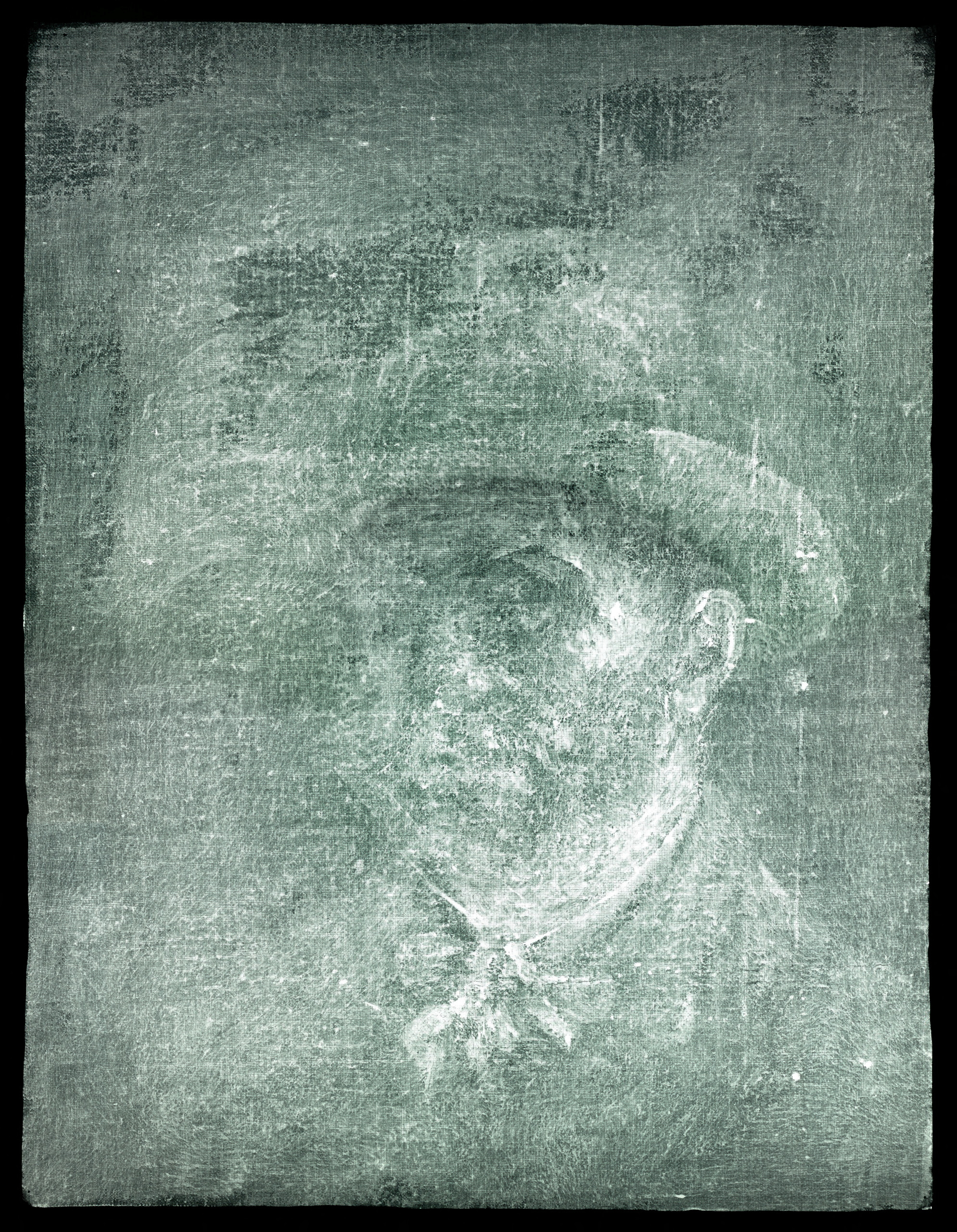 Imagen de rayos X del autorretrato de Vincent Van Gogh escondido debajo de pegamento y cartón, en Edimburgo, Escocia