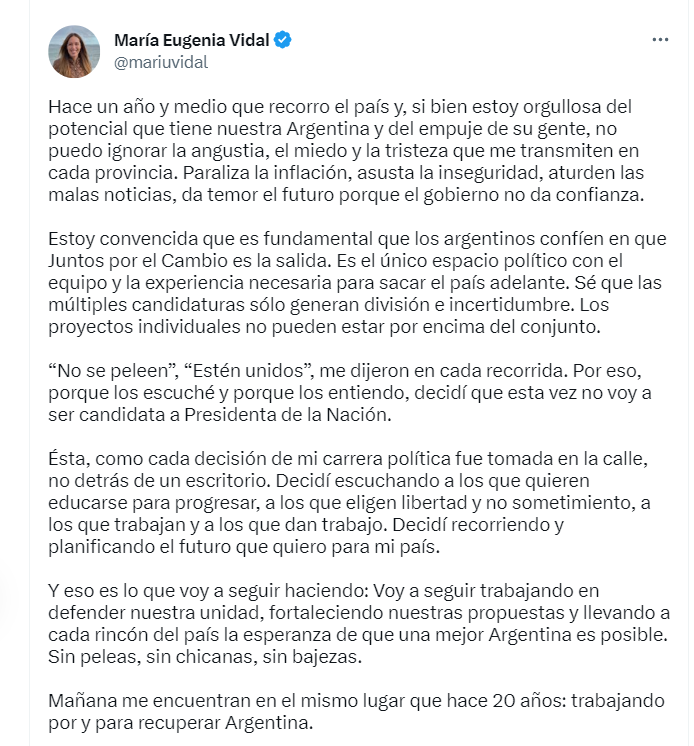 María Eugenia Vidal anunció por Twitter que iba a ser candidata presidencial