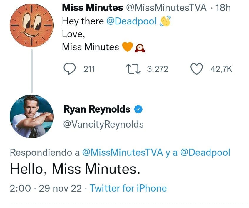 Tweet de Ryan Reynolds a Miss Minutes. (twitter: @VancityReynolds)