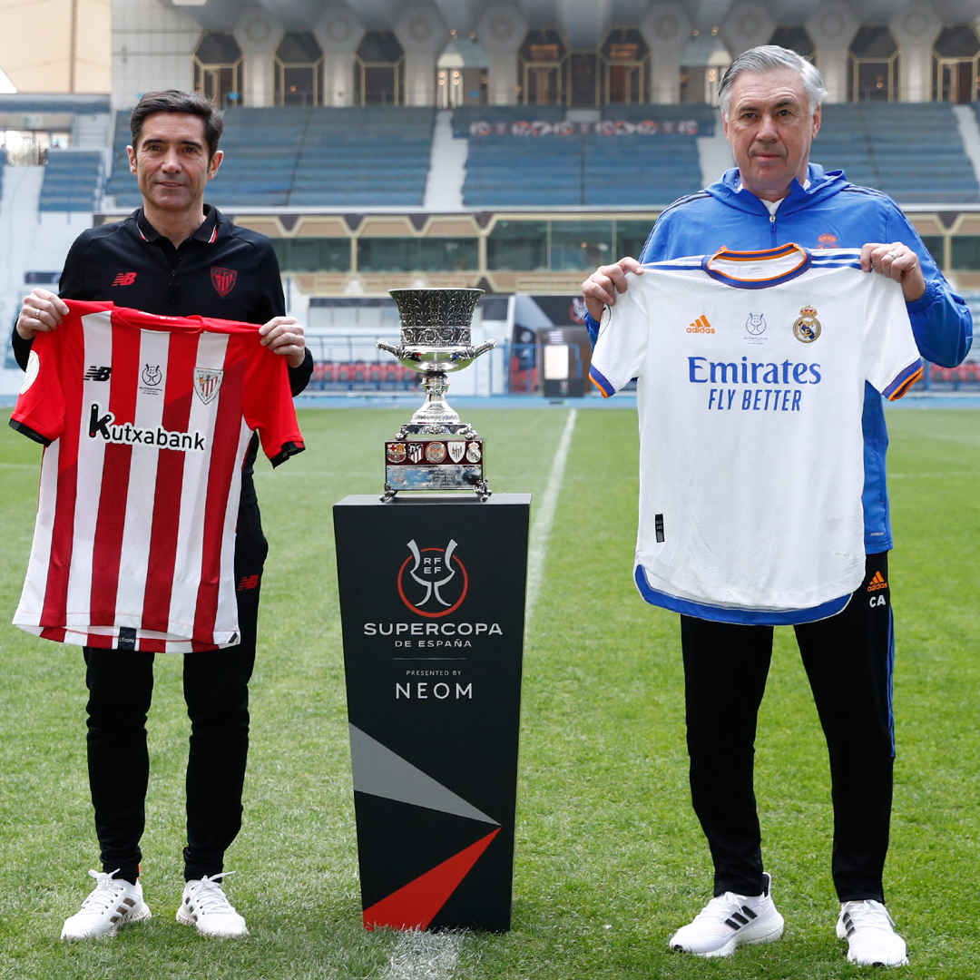 Marcelino y Ancelotti en la previa de final de Supercopa de España 2022.