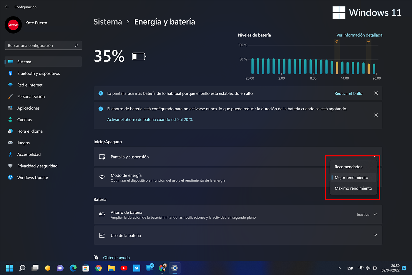 Consejos para ahorrar batería en Windows 11. (foto: Microsoft Support)