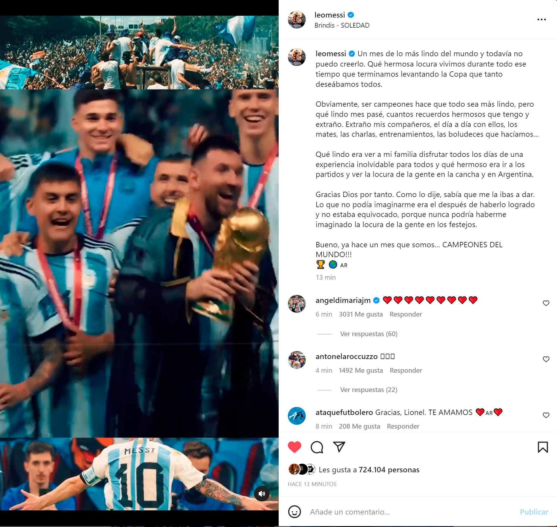 El posteo de Lionel Messi en Instagram, a un mes del campeonato mundial de Argentina en Qatar