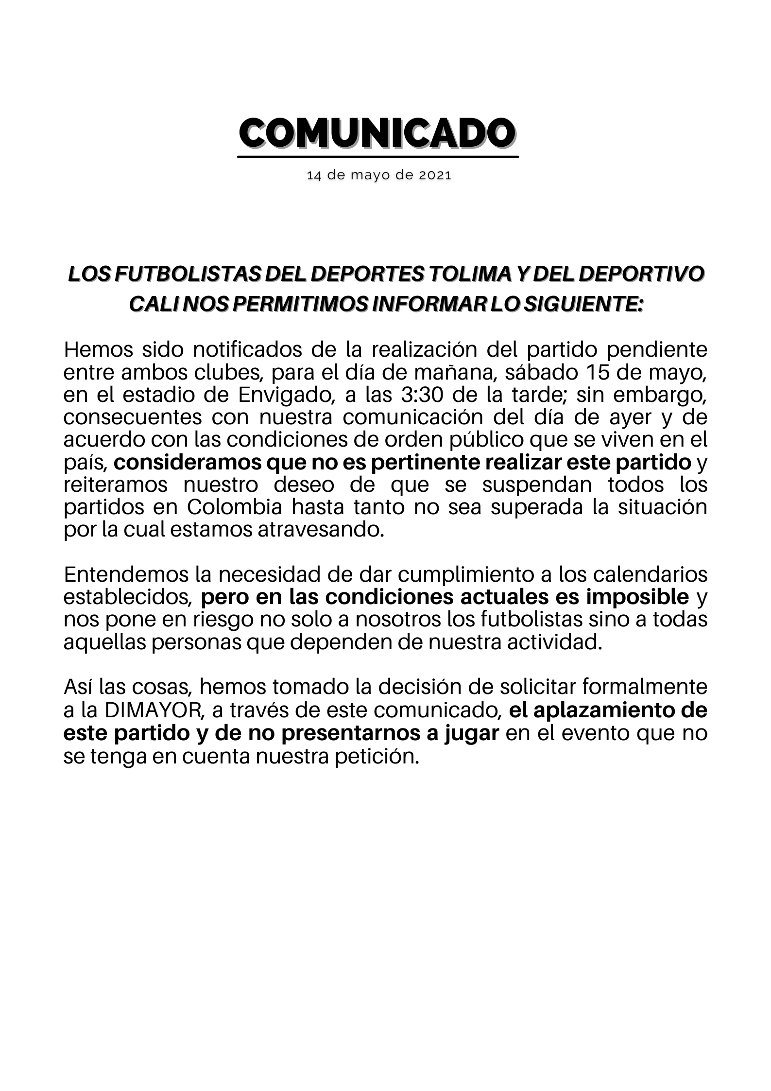 Comunicado de prensa de Acolfutpro del viernes 14 de mayo sobre la realización del partido entre Deportivo Cali y Deportes Tolima por los cuartos de final de vuelta de la Liga BetPlay I 2021 / (Twitter: @acolfutpro).