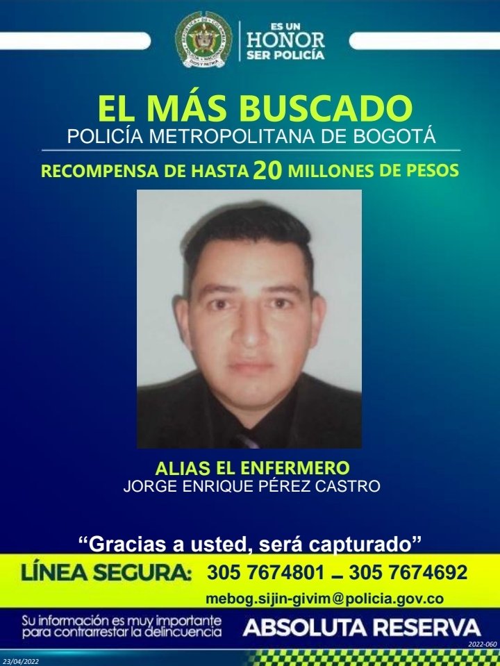 Recompensa por el paradero de Jorge Enrique Pérez Castro. Foto: Policía Metropolitana